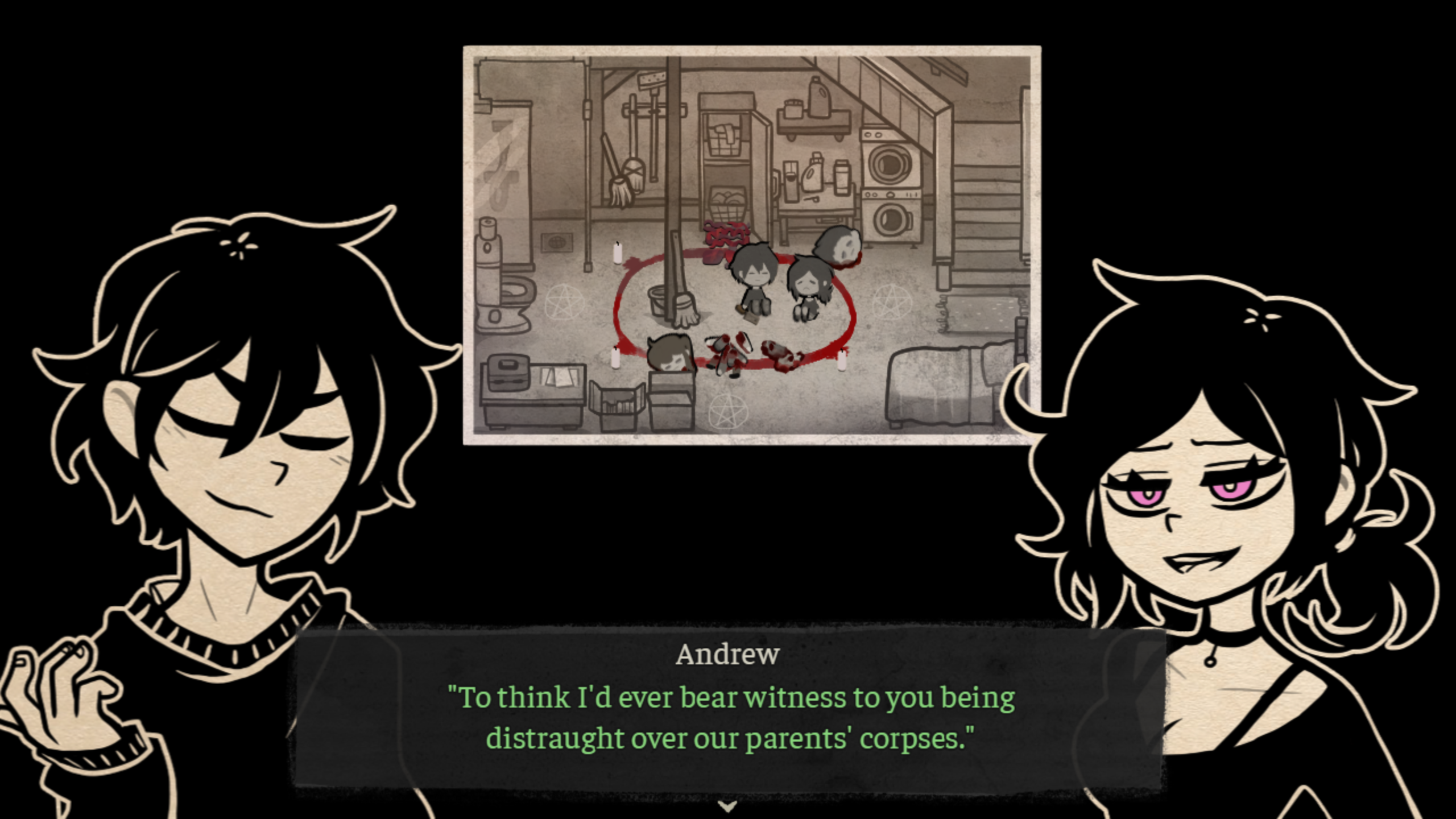 coffin of andy and leyley screenshot. Andrew says "To think I'd ever bear witness to you being distraught over our parents' corpses." very smug like. Ashley (his sister) doesn't seem too unhappy about it.
