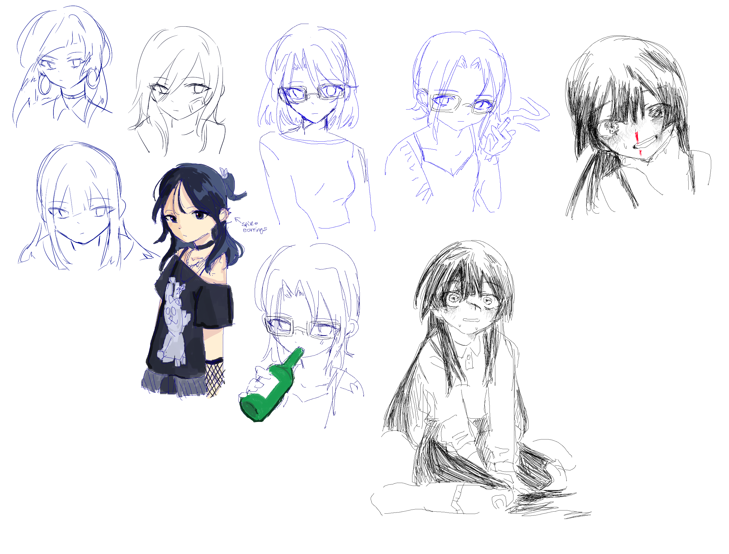 various sketches. Edgy Ga-yeong with spiky earrings and various headshots, Han-byeol being choked and also looking terrified kneeling, Jenny casually smoking and sucking on soju