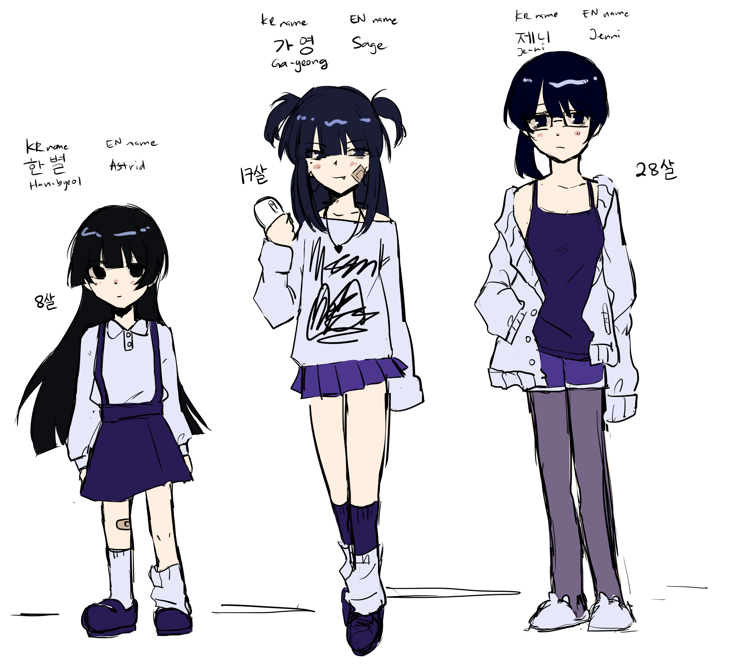 Early designs of Han-byeol, Ga-yeong, and Jenny, Ga-yeong with twintails, bandage on face, 2010s fashion with socks and all, Jenny is more casually dressed and wearing bunny slippers, Han-byeol is mostly the same