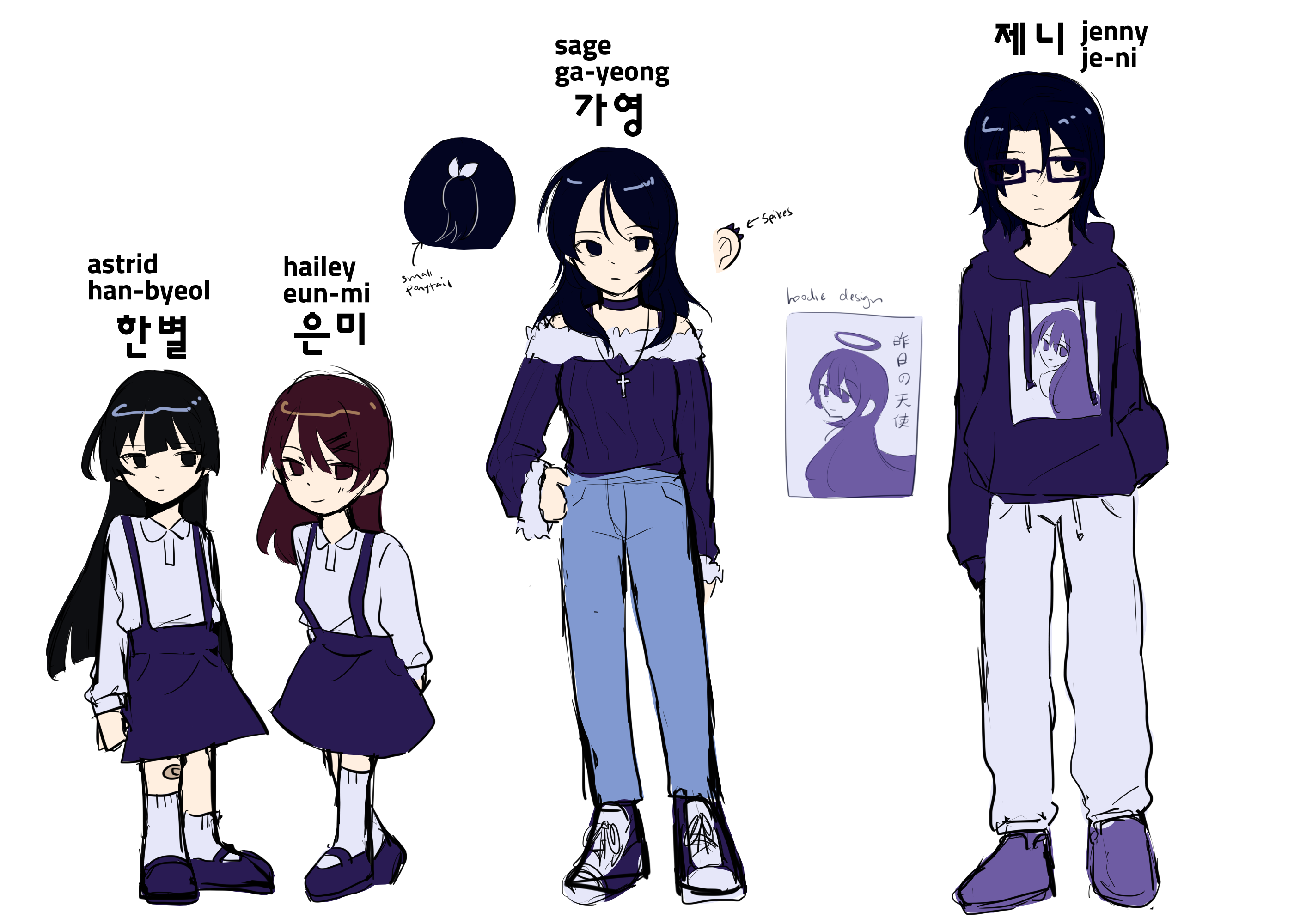 The final designs of all four girls. Eun-mi and Han-byeol in their uniforms, Ga-yeong with her shoulder crop and cross necklace and sneakers, Jenny with her anime hoodie and sweatpants, etc