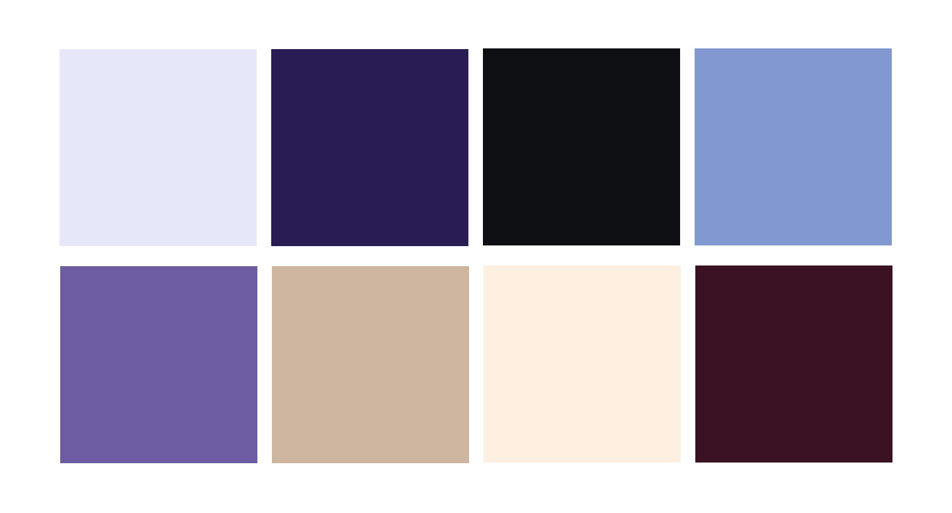The colors used in the game, various shades of blue purple red black white brown