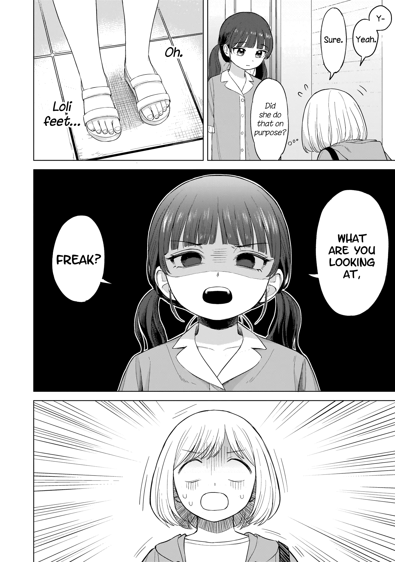page from Sakisome Complex, where Riko (teenage girl) is looking down after having dropped her book and sees the feet of Aika (the little girl she's attracted to)