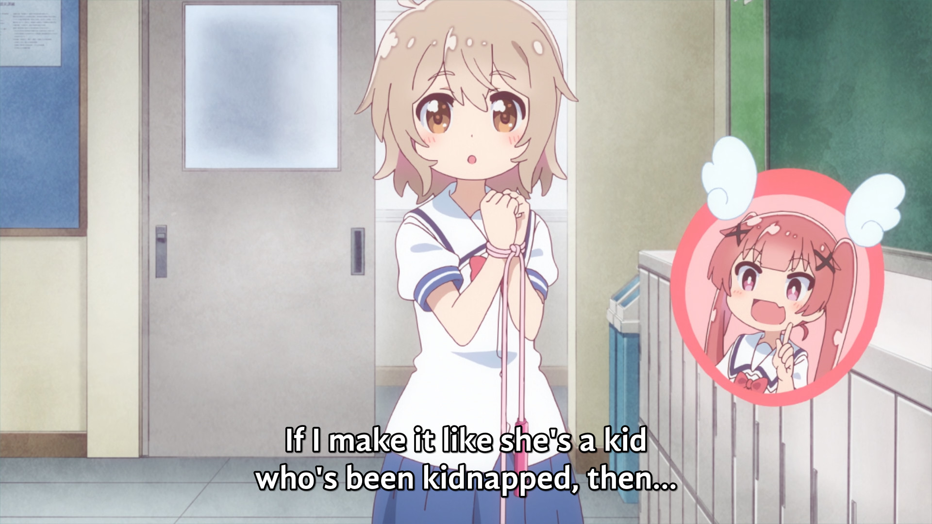 Koyori says "If I make it look like she's a kid who's been kidnapped, then..." after tying up Kanon
