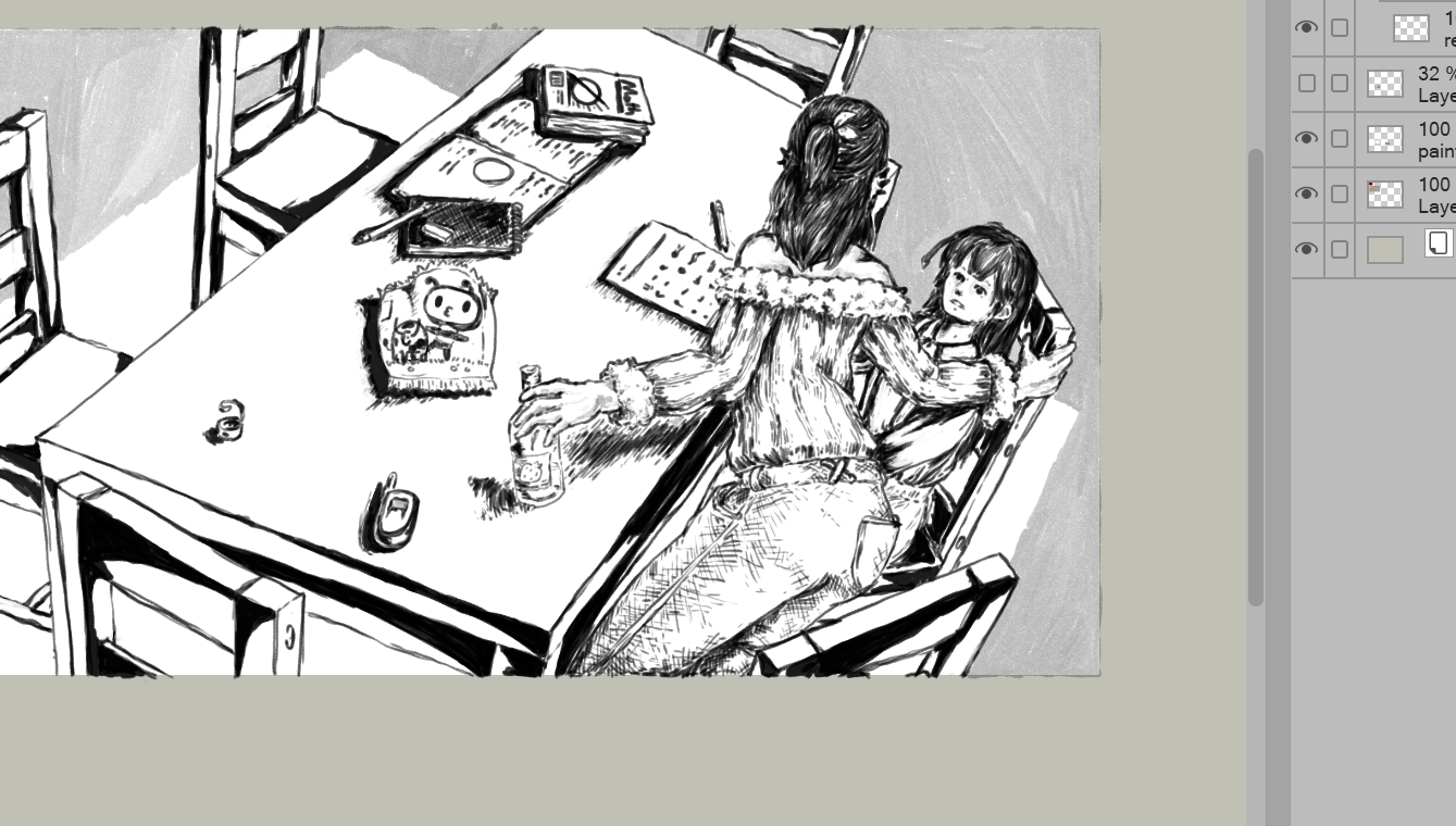 Early sketch of the scene with Ga-yeong trying to give Han-byeol the soju