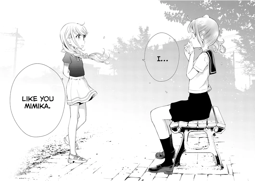 A two-page spread from Yuzumori-san. Mimika, the main protagonist, a teenage girl dressed in a Japanese high school uniform, sits on a park pench all shy and blooshy, while her crush, Yuzumori, an elementary school girl of around 7-9(?) says "I... like you, Mimika."