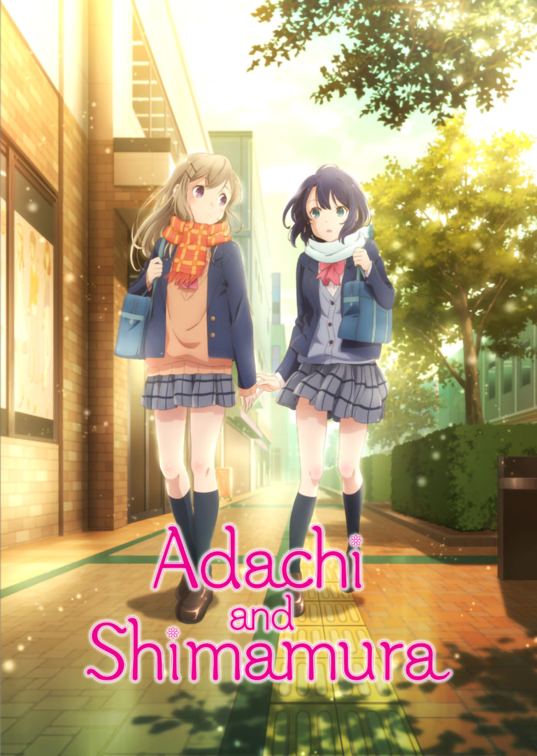 Adashima's anime's key visual. The two girls walk together. Adachi recoils in fear of touching Shimamura's hand, despite clearly wanting to. Shimamura appears unaware of Adachi's desire, and continues walking calmly