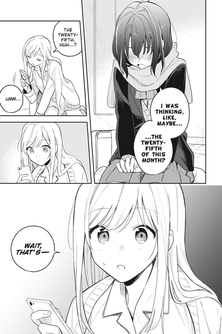 Page of the manga. Adachi asks Shimamura if she wants to go out on “the twenty-fifth of this month.” Shimamura is surprised when she realizes Adachi means Christmas.