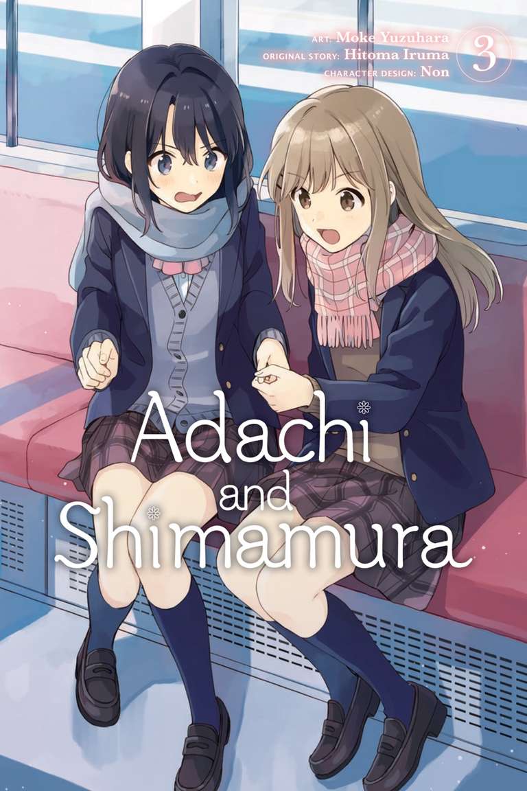 Third volume cover of the second Adachi and Shimamura manga adaptation drawn by Moke Yuzuhara. Shimamura is thumb wrestling with Adachi on the train. Shimamura has won. Adachi has not won, and is not happy.