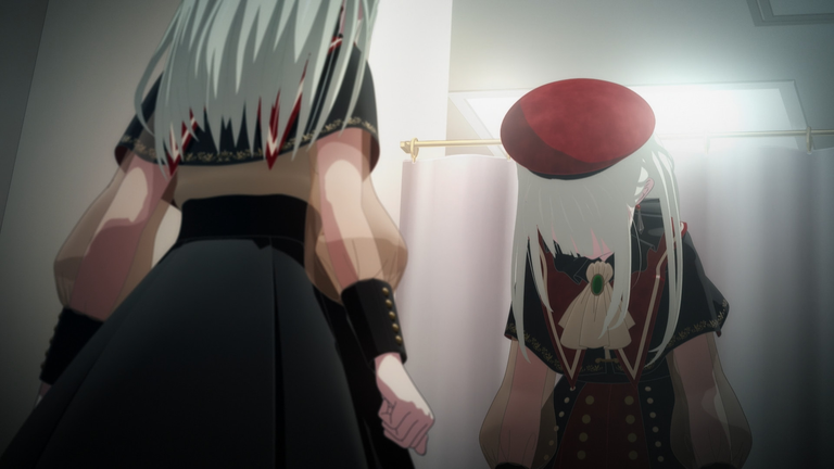 Still looking at herself in the mirror, but while Mutsumi is still standing up straight, her reflection is slumped over as if it's a marionette with strings cut