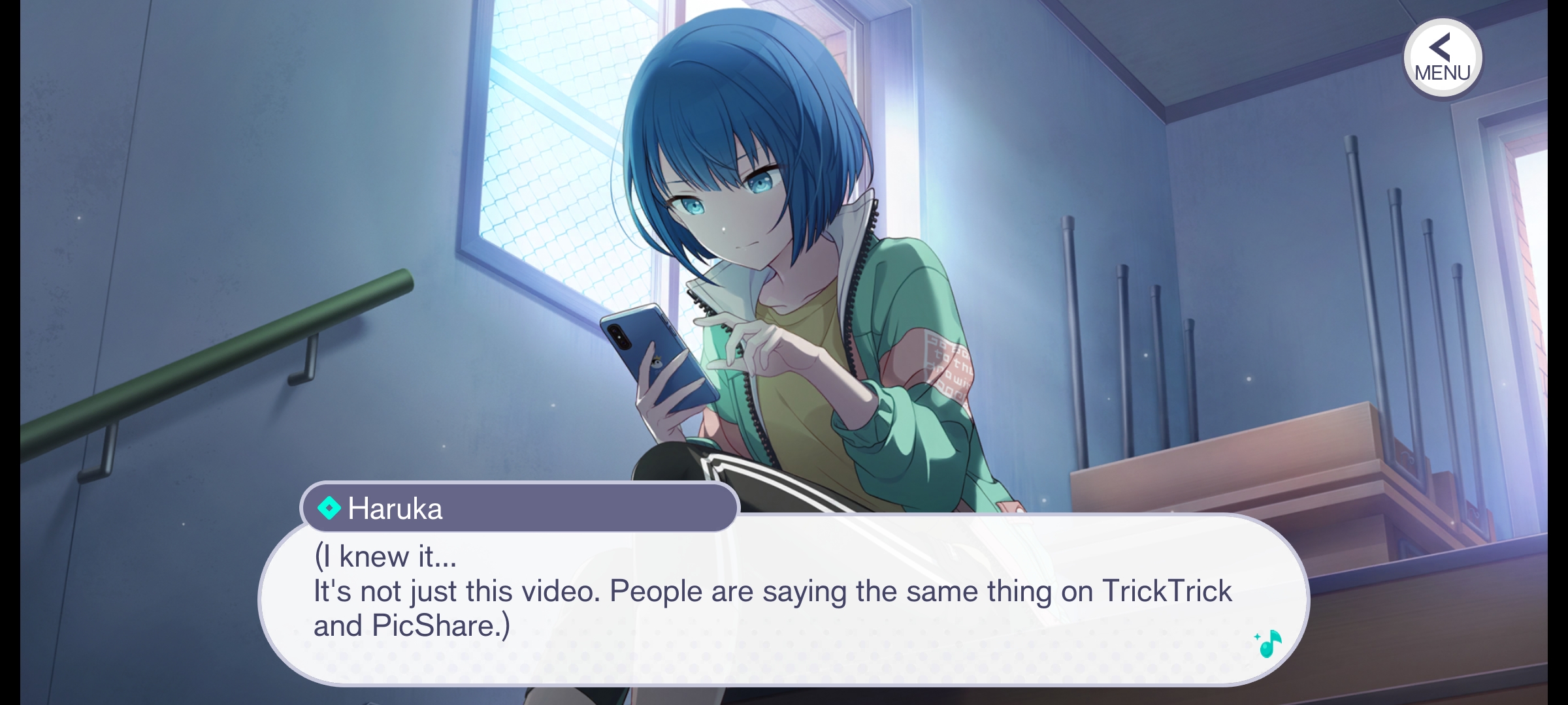 Haruka looking at messages harassing the person who offered to compose a song for More More Jump and being worried