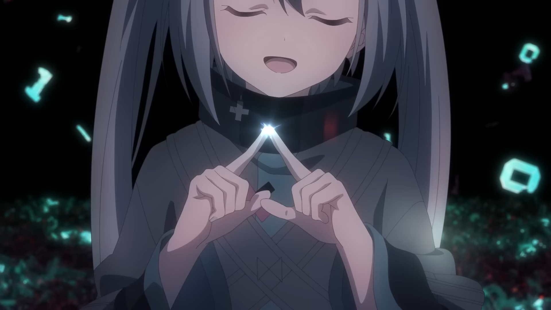 Sadge Miku smiles and puts her fingers together, preparing to trace a heart